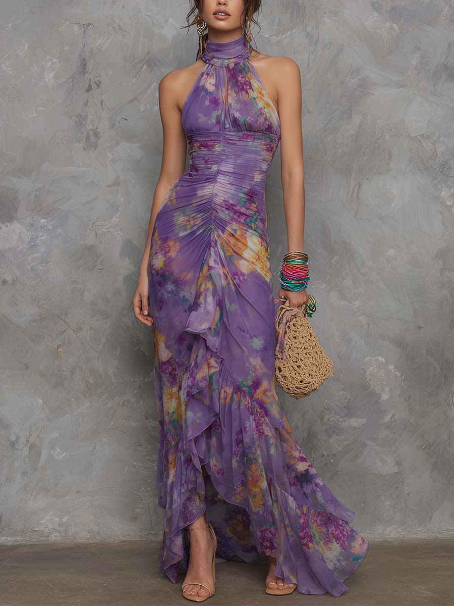 Adalynn - Elegant Purple Floral Chiffon Halter Maxi Dress