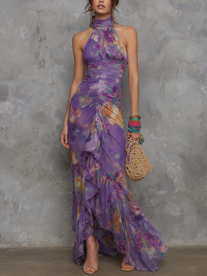 Adalynn - Elegant Purple Floral Chiffon Halter Maxi Dress