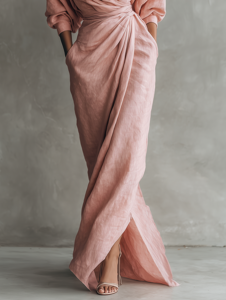 Adeline - Pink Linen Maxi Dress