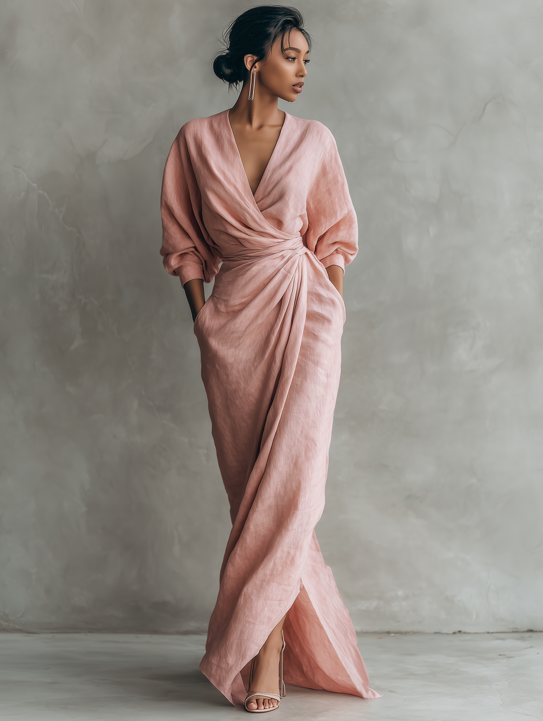Adeline - Pink Linen Maxi Dress