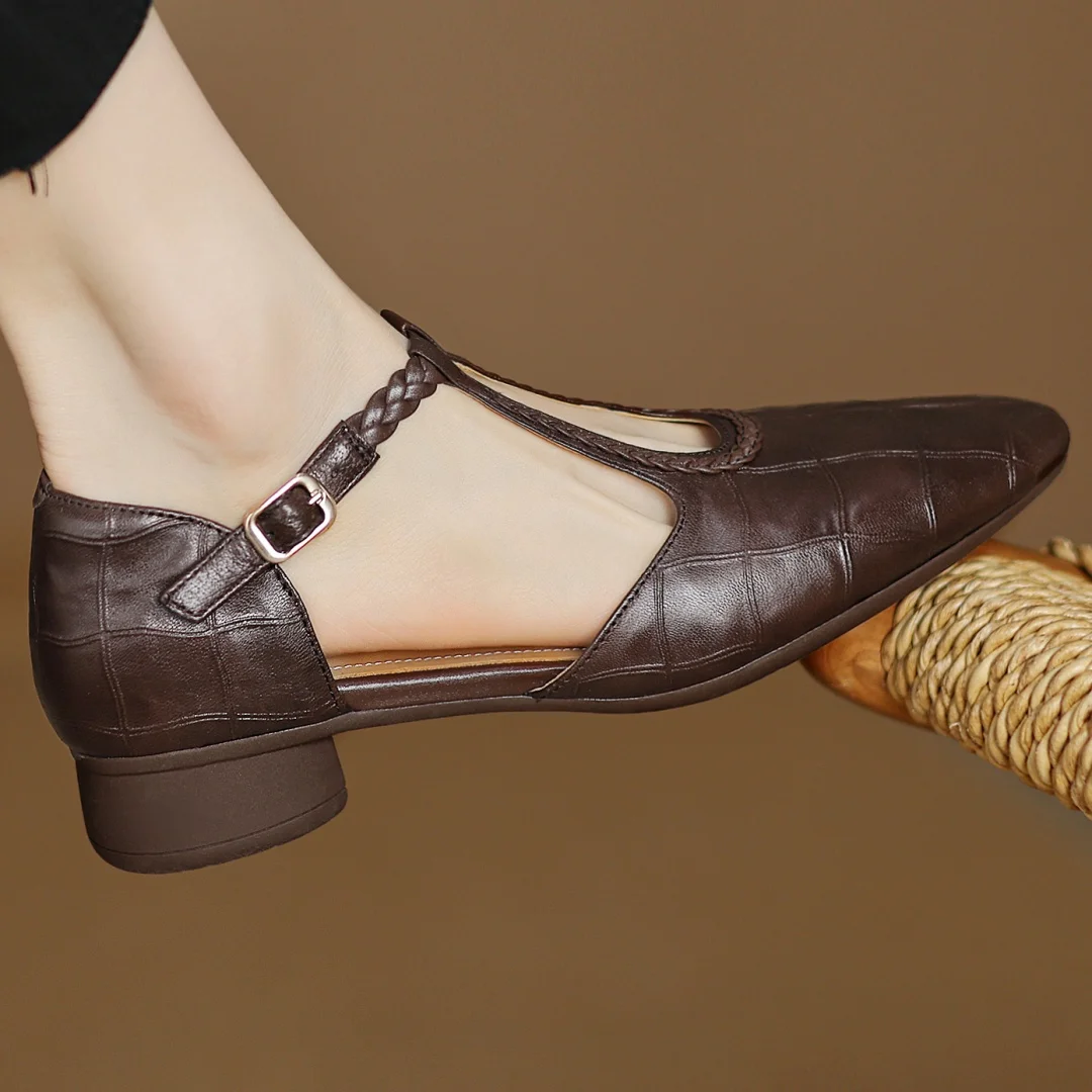 Greta – Classic Leather T-Strap Shoes with Braided Detail