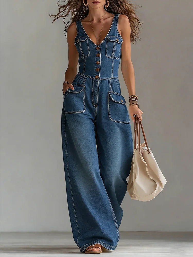Freya - Casual Denim Wide Jumpsuit