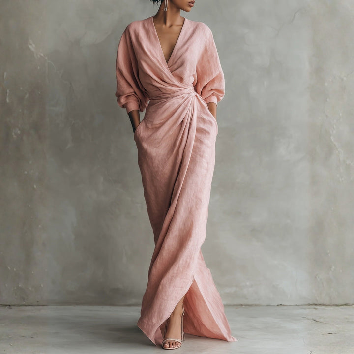 Adeline - Pink Linen Maxi Dress