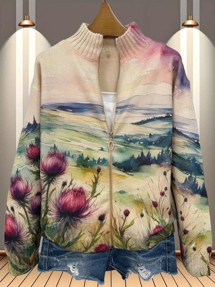 Avery - Scottish Thistle Landscape Zip Cardigan