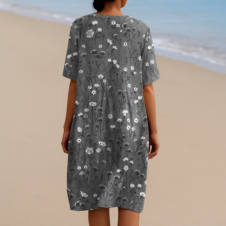 Mila - Floral Dress in Charcoal with White Accents