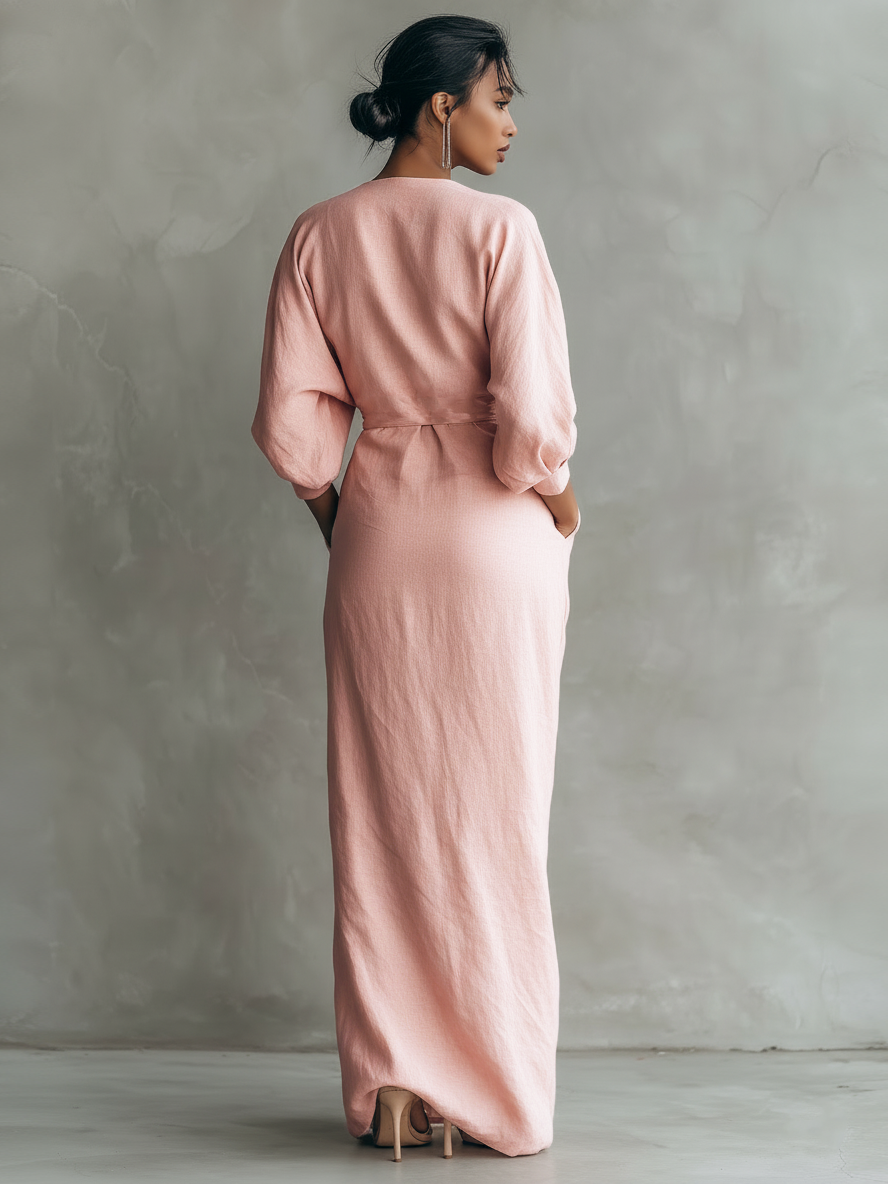 Adeline - Pink Linen Maxi Dress