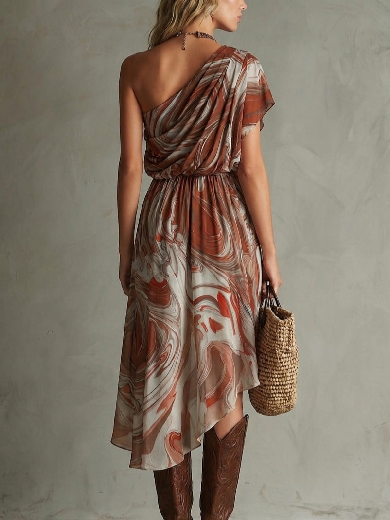 Dawn - Boho One-shoulder Irregular Marble Abstract Print Chiffon Midi Dress