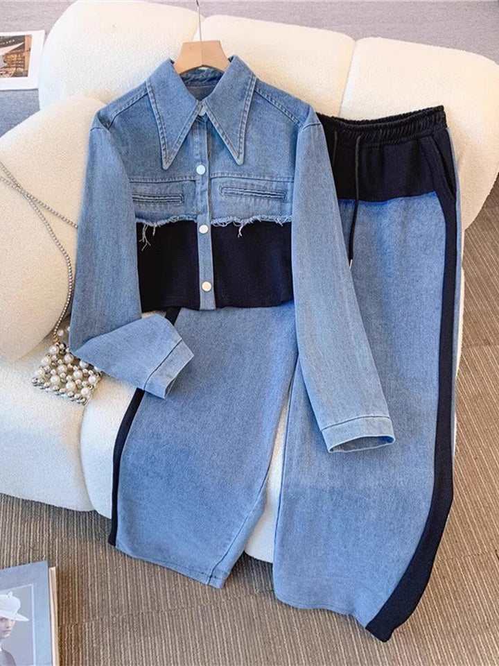 Natalie | Color-Block Cropped Jacket &amp; Wide-Leg Pants Set